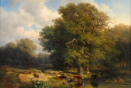Wooded landscape with lake and grazing cattle, vintage artwork by Willem Roelofs, 12x8" (A4) Poster