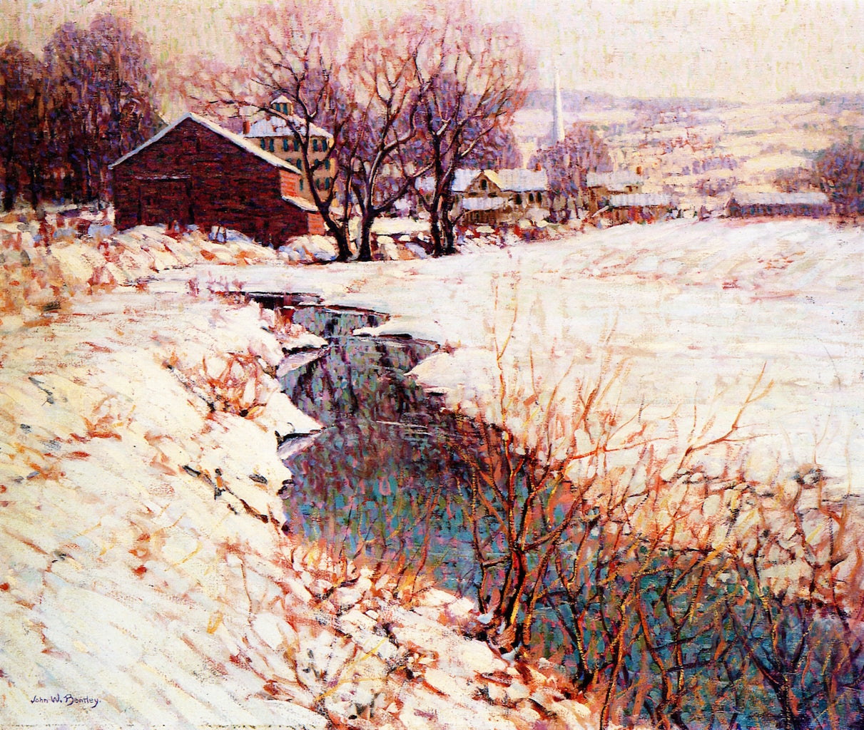 Winter in Highbridge, New Jersey, vintage artwork by John William Bentley, 12x8" (A4) Poster