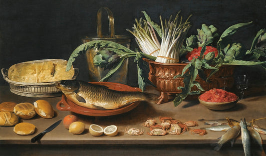 Still life of a table with all kinds of food,, vintage artwork by Jacob Foppens van Es, 12x8" (A4) Poster