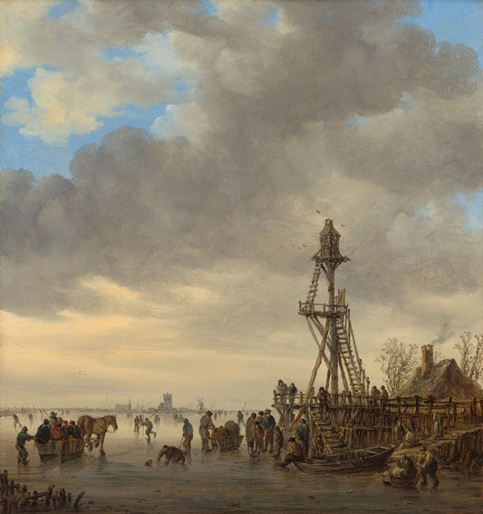 Ice Scene near a Wooden Observation Tower, vintage artwork by Jan van Goyen, 12x8" (A4) Poster