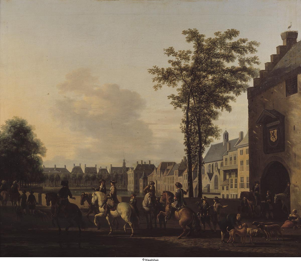 A Hunting Party near the Hofvijver in The Hague, vintage artwork by Gerrit Adriaensz.Berckheyde, 12x8" (A4) Poster