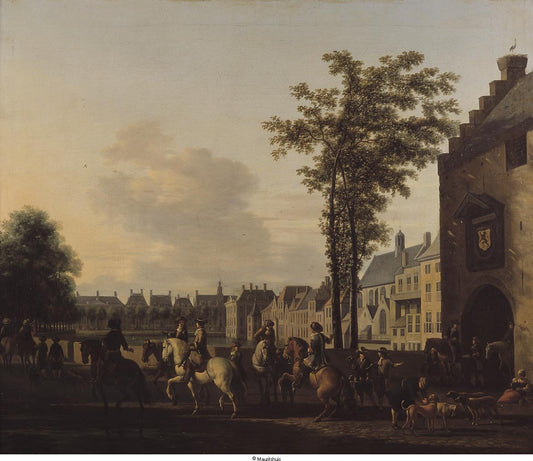 A Hunting Party near the Hofvijver in The Hague, vintage artwork by Gerrit Adriaensz.Berckheyde, 12x8" (A4) Poster