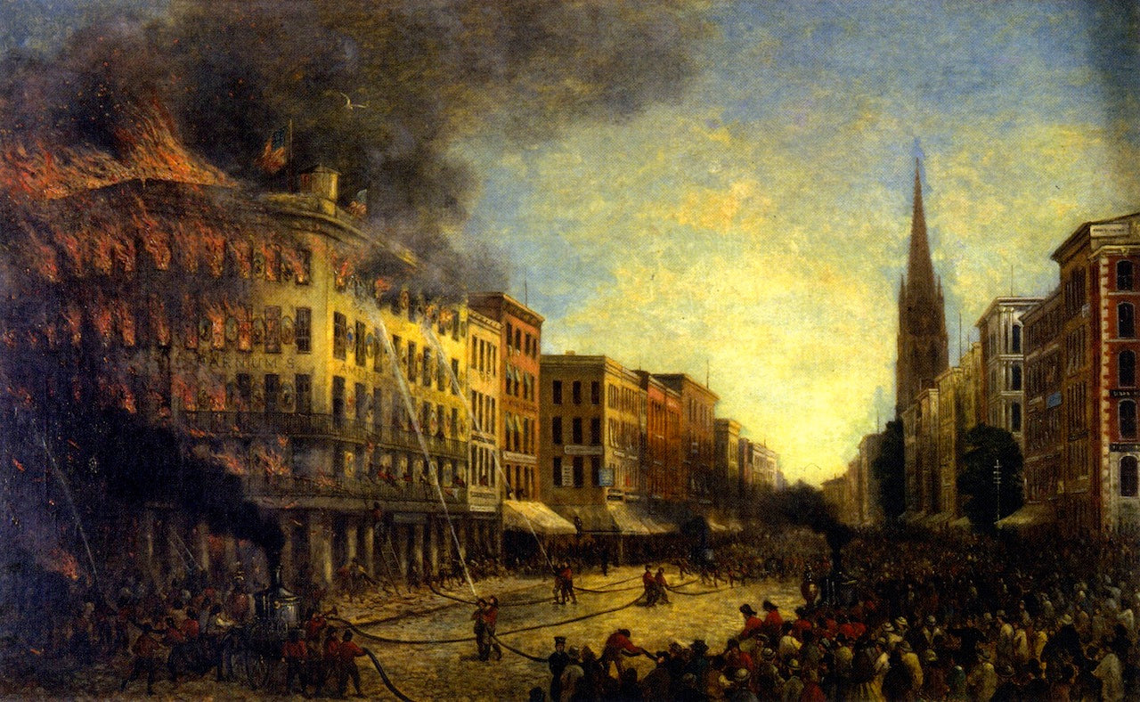 The Burning of Barnum's Museum, vintage artwork by Christopher Pearse Cranch, A3 (16x12") Poster Print