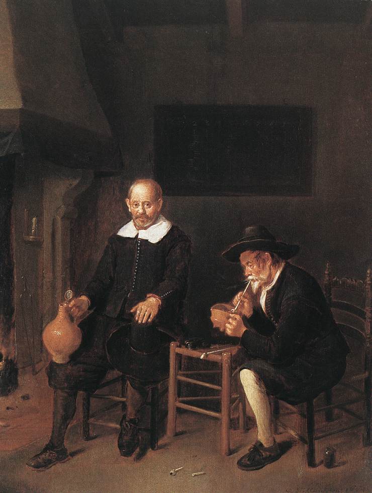 Interior with Two Man by  the Fireside, vintage artwork by Quiringh van Brekelenkam, 12x8" (A4) Poster