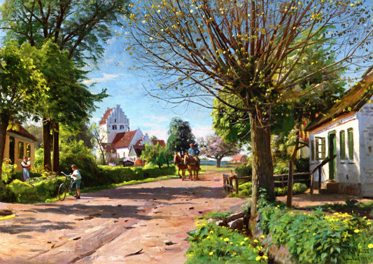 A Village Lane, vintage artwork by Peder Mork Mønsted, 12x8" (A4) Poster