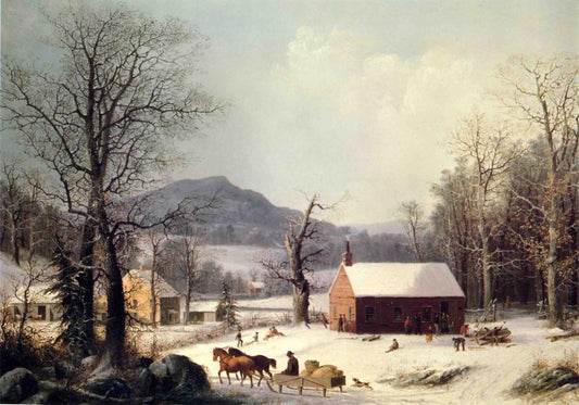 Red School House, Winter, vintage artwork by George Henry Durrie, A3 (16x12") Poster Print