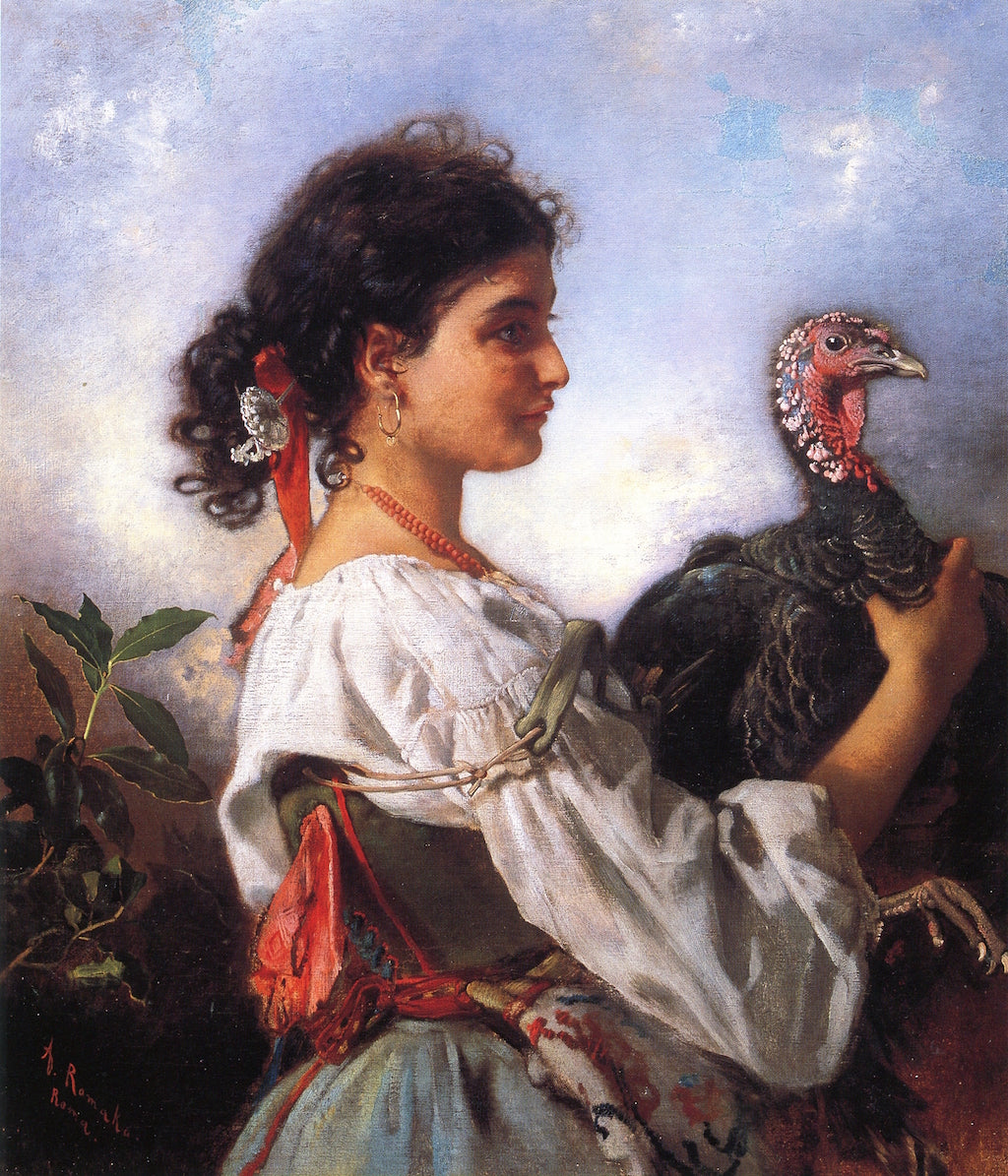 Peasant Girl with Turkey, vintage artwork by Anton Romako, 12x8" (A4) Poster