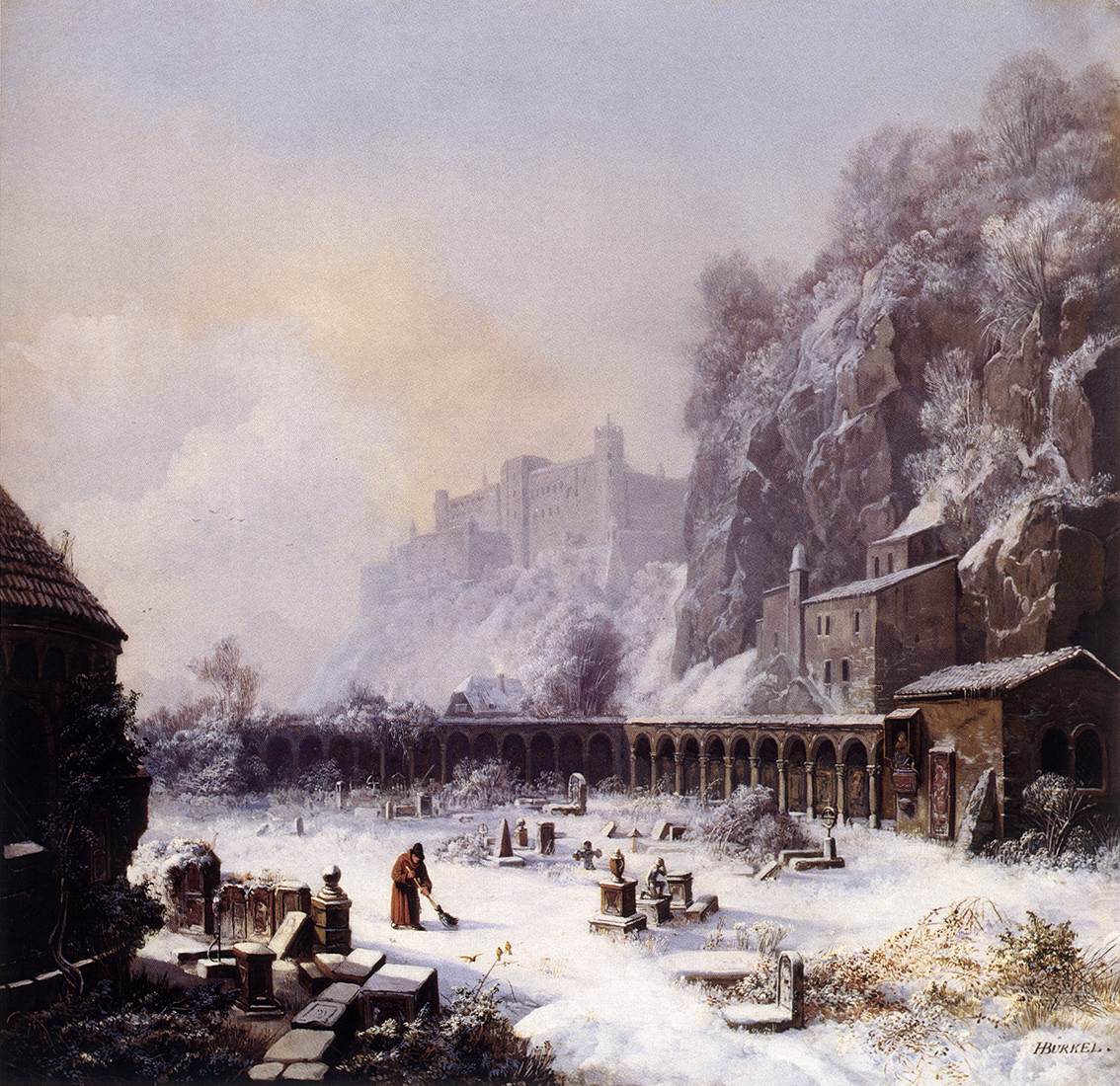 Graveyard of St. Peter's in Winter, vintage artwork by Heinrich Bürkel, A3 (16x12") Poster Print