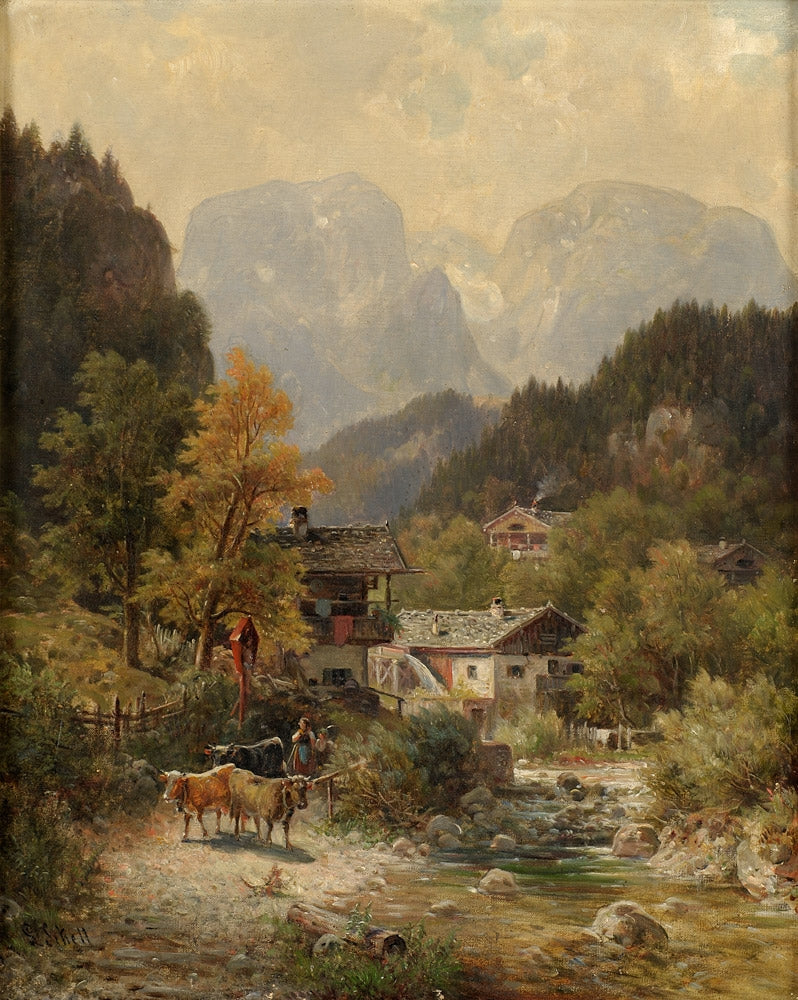 Alpine Landscape with Watermill, vintage artwork by Ludwig Sckell, 12x8" (A4) Poster