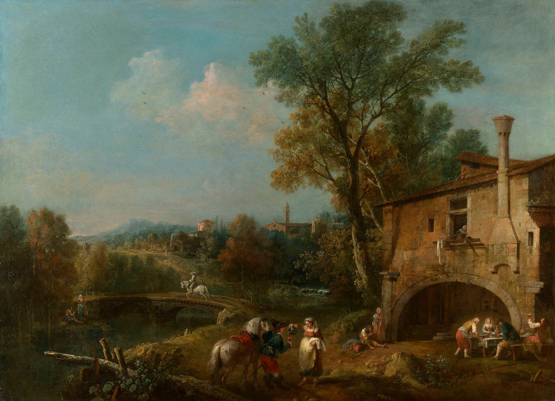 Landscape with a Wayside Tavern, vintage artwork by Francesco Zuccarelli, 12x8" (A4) Poster