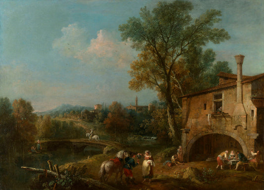 Landscape with a Wayside Tavern, vintage artwork by Francesco Zuccarelli, 12x8" (A4) Poster