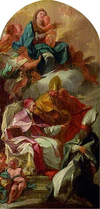 The Virgin and Child in Glory and the Four Latin Fathers of the Church, vintage artwork by Sebastiano Conca, 12x8" (A4) Poster