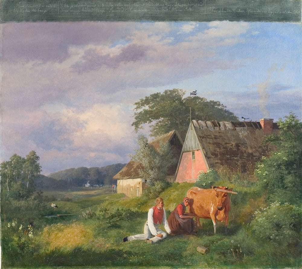 A Milking Scene from a Poem by  Christian Winther, vintage artwork by Johan Thomas Lundby e, A3 (16x12") Poster Print