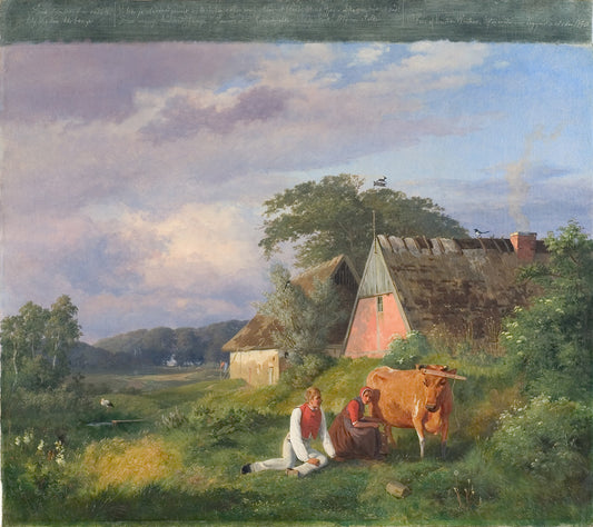 A Milking Scene from a Poem by  Christian Winther, vintage artwork by Johan Thomas Lundby e, A3 (16x12") Poster Print