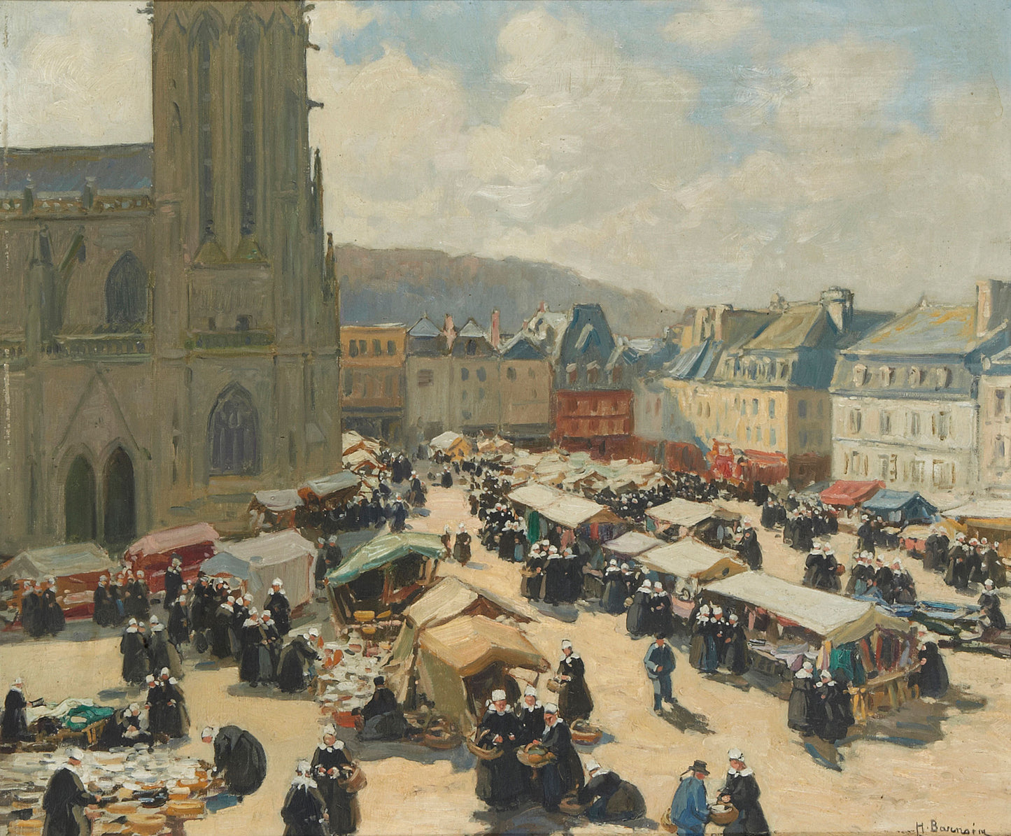 Place du marche à Quimper, vintage artwork by Henri Alphonse Barnoin, 12x8" (A4) Poster
