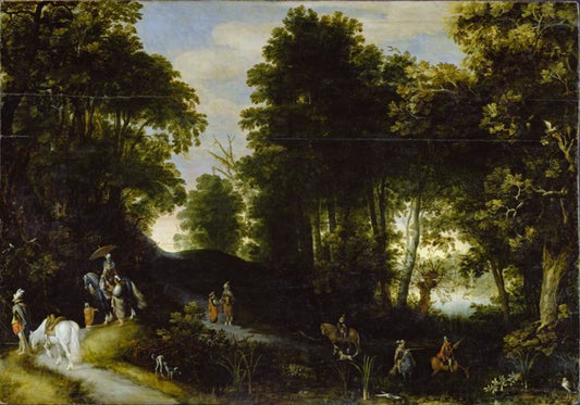 Wooded landscape on the banks of a lake, vintage artwork by Adriaen van Stalbemt, 12x8" (A4) Poster