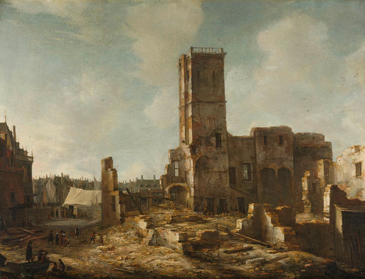 The Ruins of the Old Town Hall of Amsterdam after the Fire of 7 July 1652, vintage artwork by Jan Abrahamsz Beerstraten, 12x8" (A4) Poster