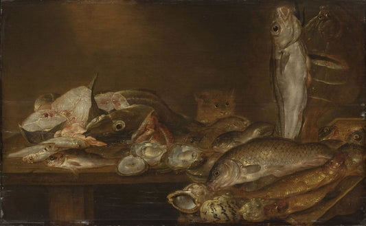 Still Life with Fish and Oysters, vintage artwork by Alexander Adriaenssen, 12x8" (A4) Poster