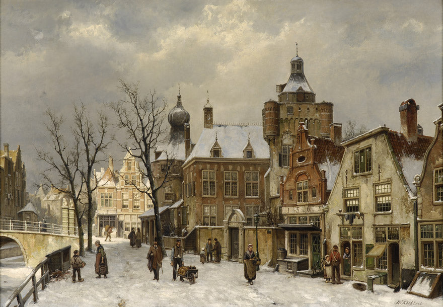Dutch city view in winter, vintage artwork by Willem Koekkoek, 12x8" (A4) Poster