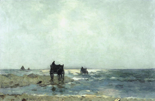 Shellfishers at the Dutch beach, vintage artwork by Johan Hendrik Weissenbruch, 12x8" (A4) Poster