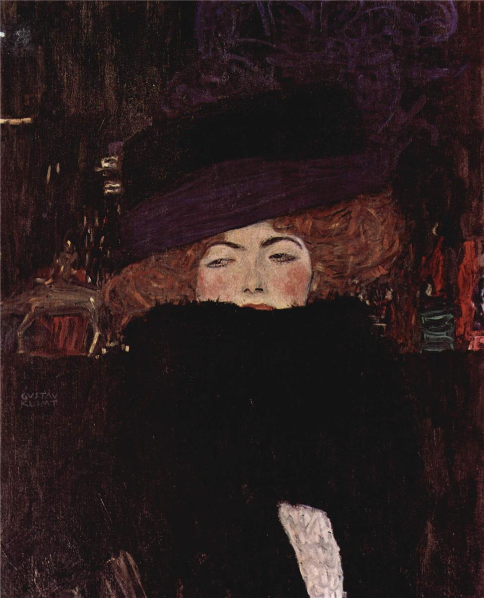 Lady with Hat and Featherboa, vintage artwork by Gustav Klimt, 12x8" (A4) Poster