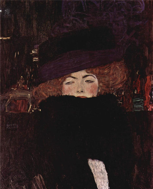 Lady with Hat and Featherboa, vintage artwork by Gustav Klimt, 12x8" (A4) Poster