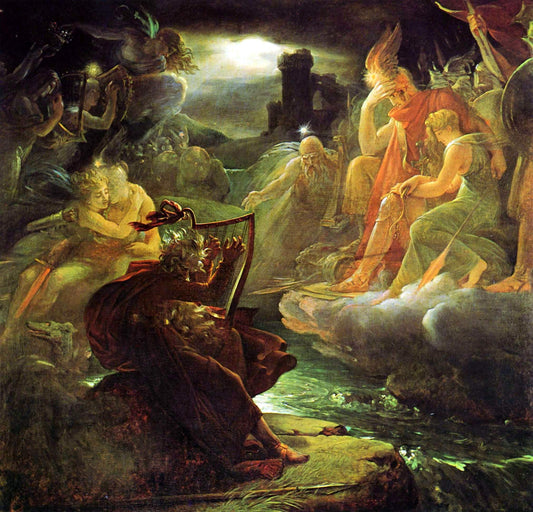 Ossian on the Bank of the Lora, Invoking the Gods to the Strains of a Harp (Malmaison), vintage artwork by François Gerard, 12x8" (A4) Poster