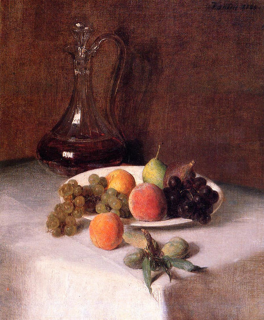 A Carafe of Wine and Plate of Fruit on a White Tablecloth, vintage artwork by Henri Fantin-Latour, 12x8" (A4) Poster