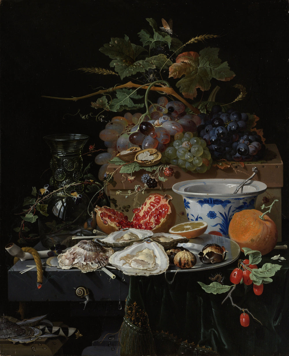 Still life with fruit, oysters and a porcelain bowl, vintage artwork by Abraham Mignon, 12x8" (A4) Poster