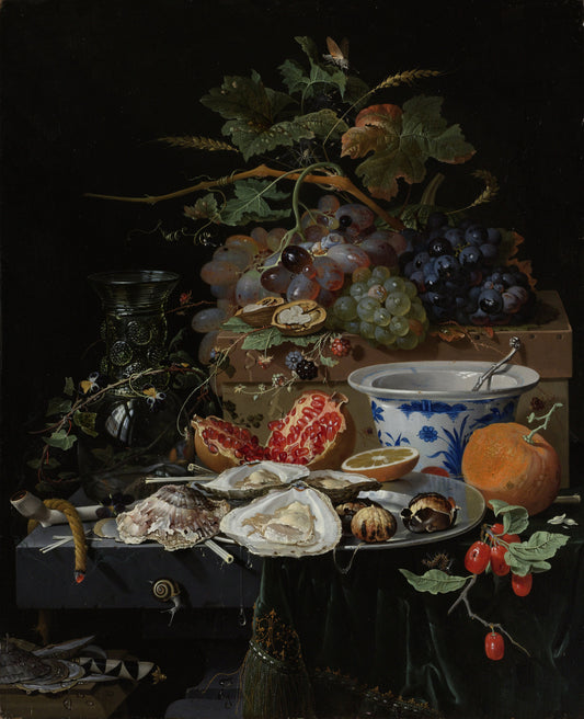 Still life with fruit, oysters and a porcelain bowl, vintage artwork by Abraham Mignon, 12x8" (A4) Poster