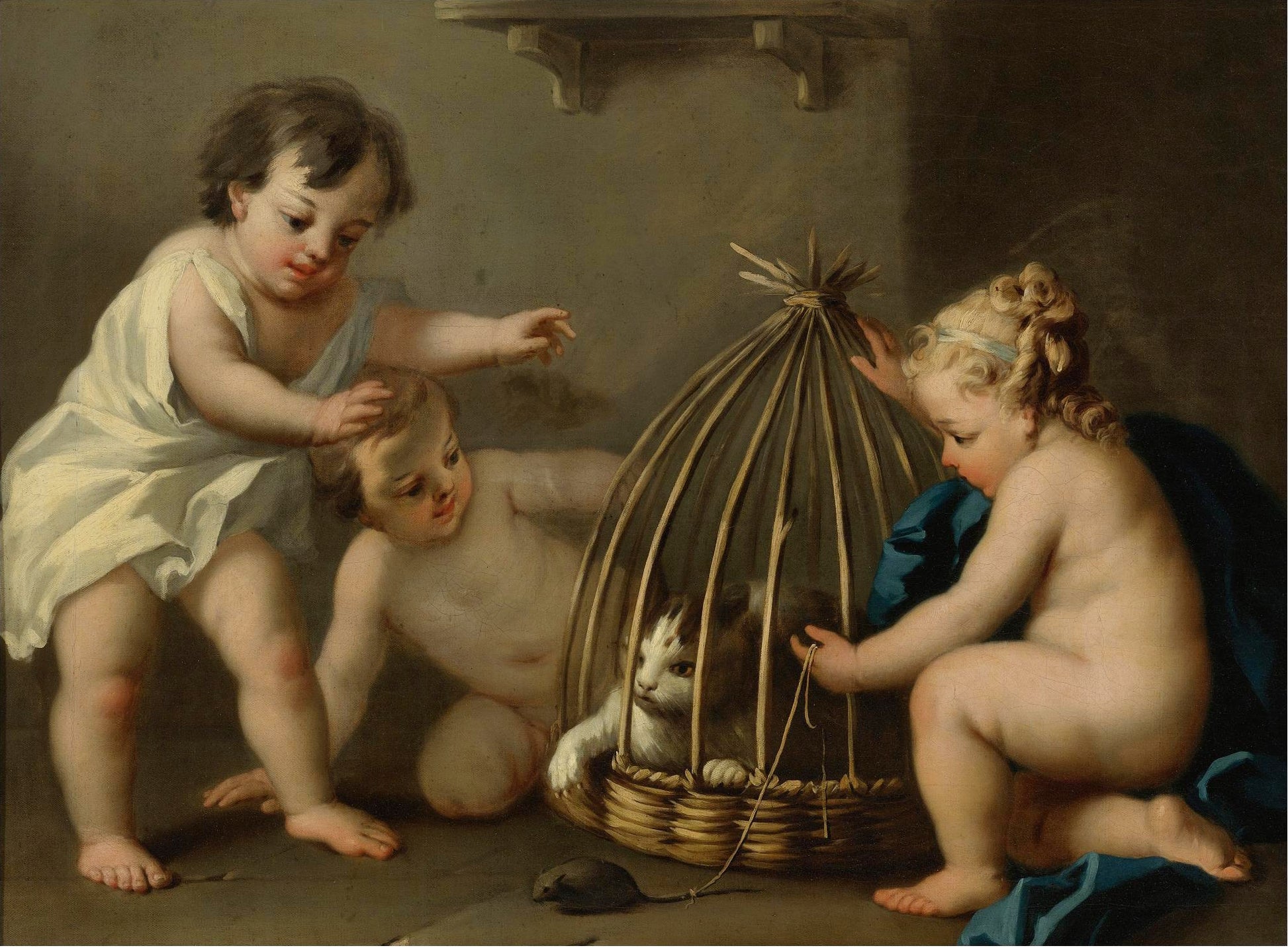 Putti Playing with a Cat, vintage artwork by Jacopo Amigoni, 12x8" (A4) Poster