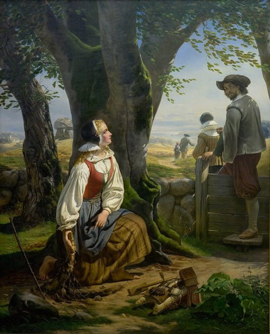 Kirsten Svendsdatter Finds the Gold Horn at Gallehus on 20th July 1639, vintage artwork by Niels Simonsen, A3 (16x12") Poster Print