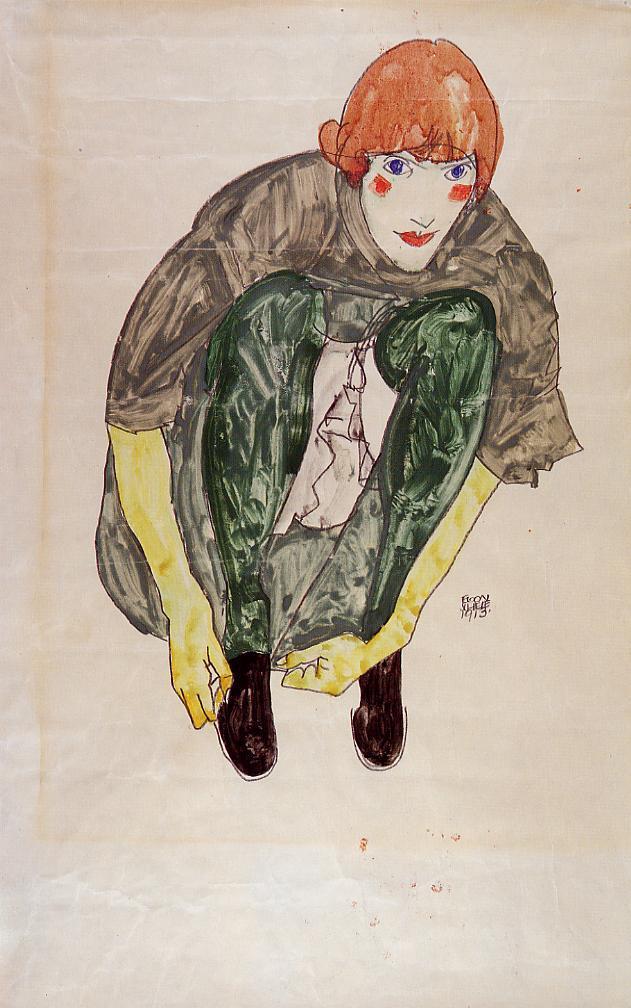 Crouching Figure, vintage artwork by Egon Schiele, 12x8