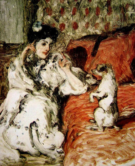 Mrs. Bunny and her Jack Russell, vintage artwork by Rupert Bunny, 12x8" (A4) Poster