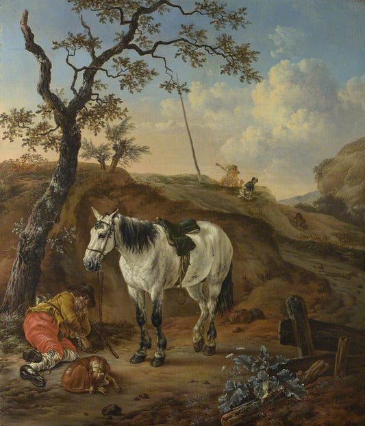 A White Horse Standing by  a Sleeping Man, vintage artwork by Pieter Cornelisz.Verbeeck, 12x8" (A4) Poster