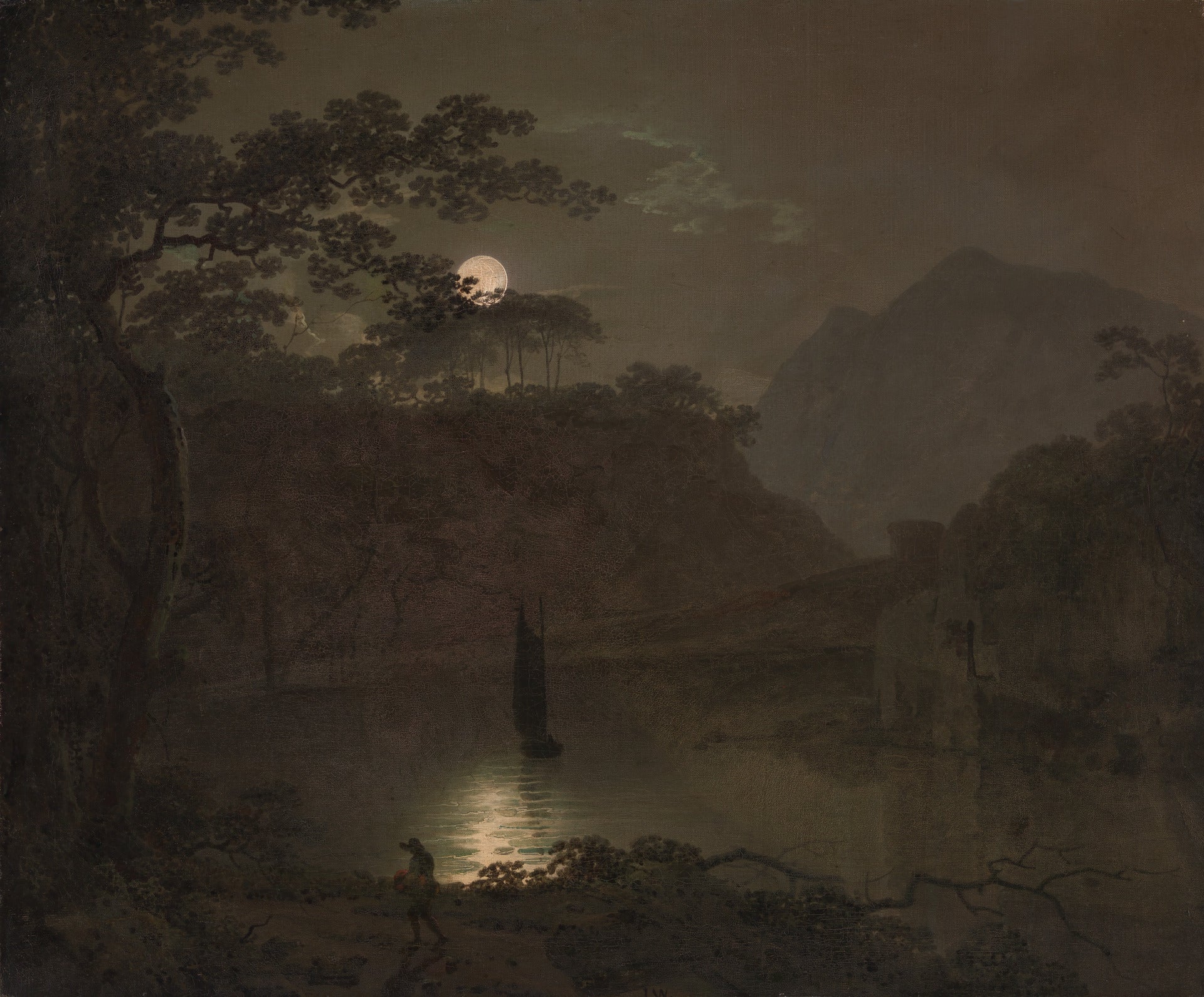 A Lake by  Moonlight, vintage artwork by Joseph Wright of Derby , 12x8" (A4) Poster