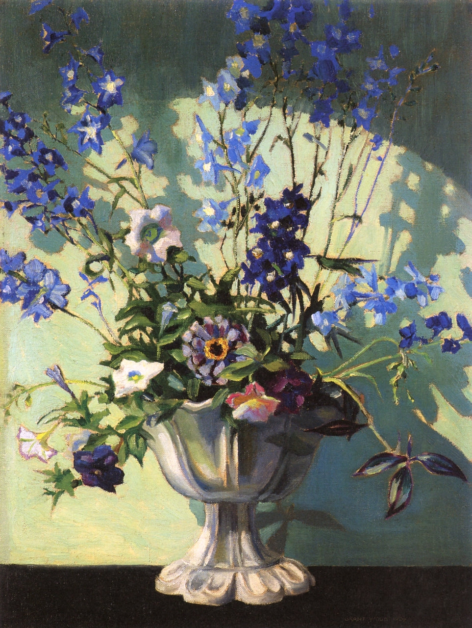 Delphiniums in a White Vase by Grant Wood,16x12(A3) Poster