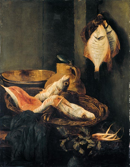 Still Life with Fish in Basket, vintage artwork by Abraham van Beyeren, 12x8" (A4) Poster