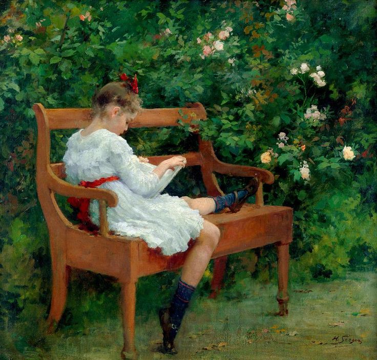 Girl Reading on a Garden Bench, vintage artwork by Hermann Seeger, 12x8" (A4) Poster