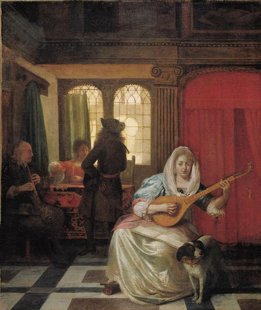A woman playing a lute with other figures, vintage artwork by Pieter de Hooch, 12x8" (A4) Poster