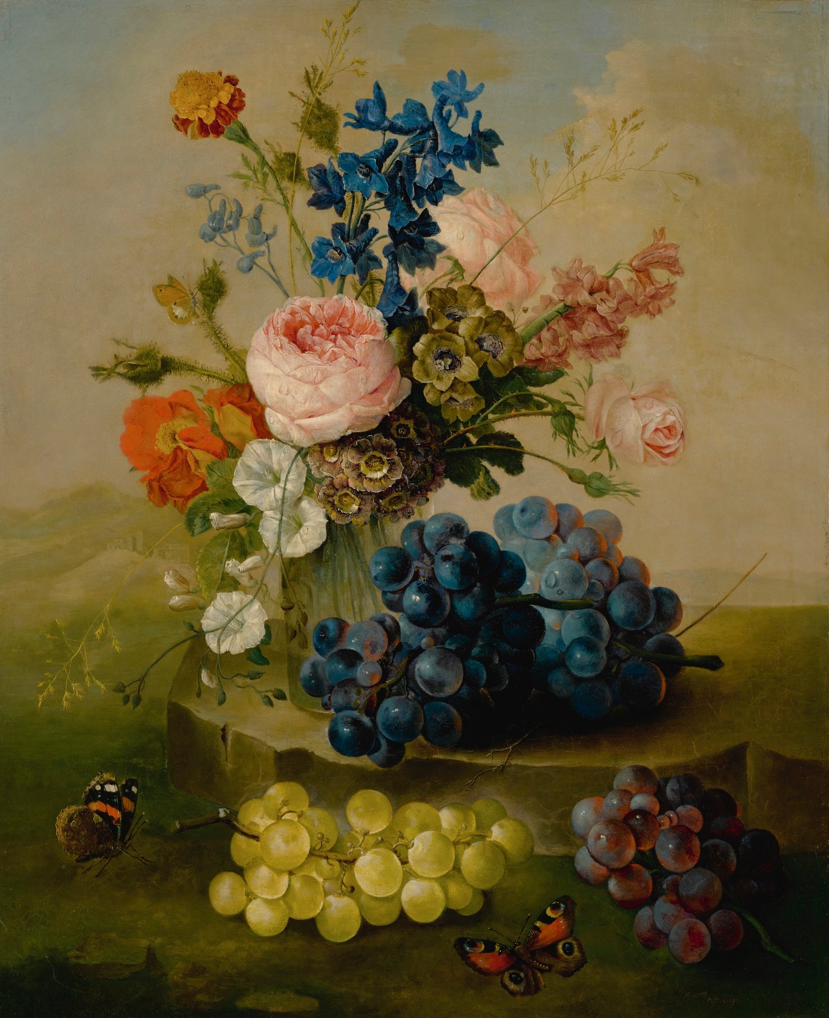 Still life of flowers in a glass vase with grapes, resting on a stone ledge in a landscape, vintage artwork by Sebastian Wegmayr, 12x8" (A4) Poster