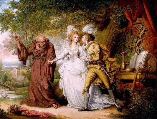 'Romeo and Juliet', Act II, Scene 4, Romeo and Juliet with Friar Lawrence, vintage artwork by Mather Brown, 12x8" (A4) Poster