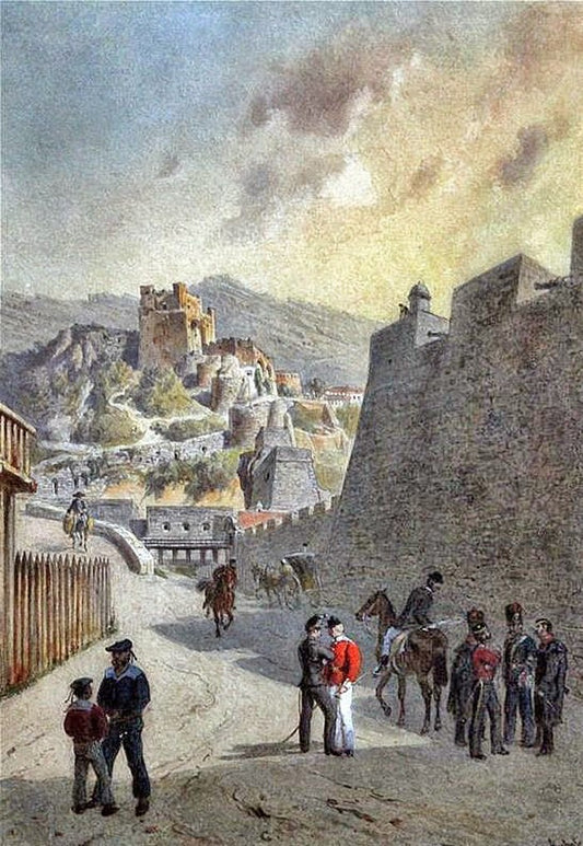 Gibraltar from the Botanic Gardens looking towards Tangier, vintage artwork by Carl Goebel, 12x8" (A4) Poster