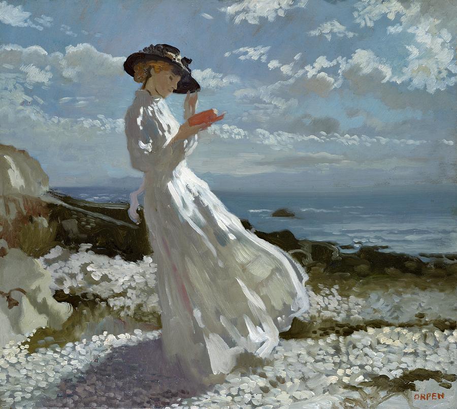 Grace reading at Howth Bay, vintage artwork by Sir William Orpen, R.A., R.H.A., 12x8" (A4) Poster