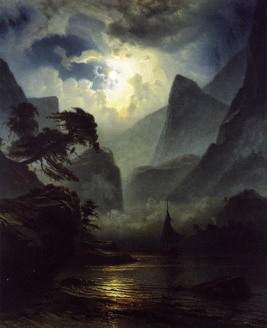 A Norwegian Fjord by  Moonlight, vintage artwork by Knud Andreassen Baade, A3 (16x12") Poster Print