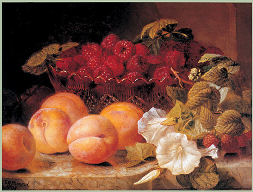 Bowl of raspberries and peaches, vintage artwork by Eloise Harriet Stannard, 12x8" (A4) Poster
