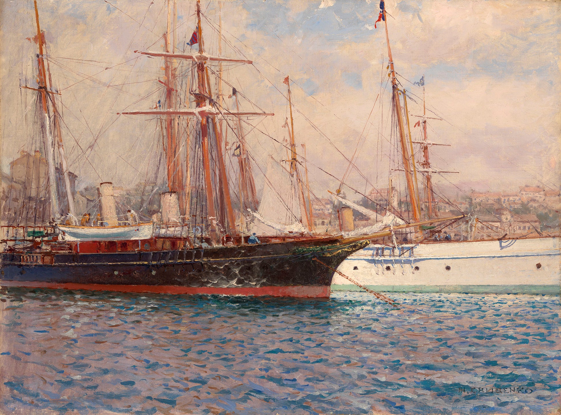 Sailing Ships in a Harbour, vintage artwork by Nikolai Gritsenko, 12x8" (A4) Poster