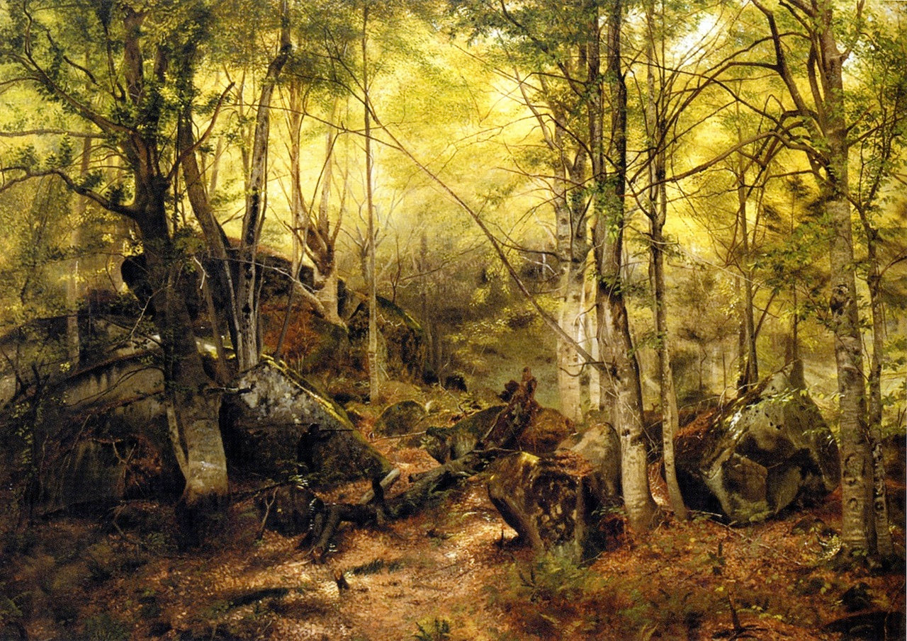 Deerhunter in the Woods, vintage artwork by John George Brown, 12x8" (A4) Poster