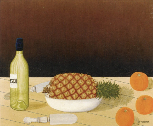 Nature morte avec ananas et oranges, vintage artwork by Dominique Peyronnet, 12x8" (A4) Poster