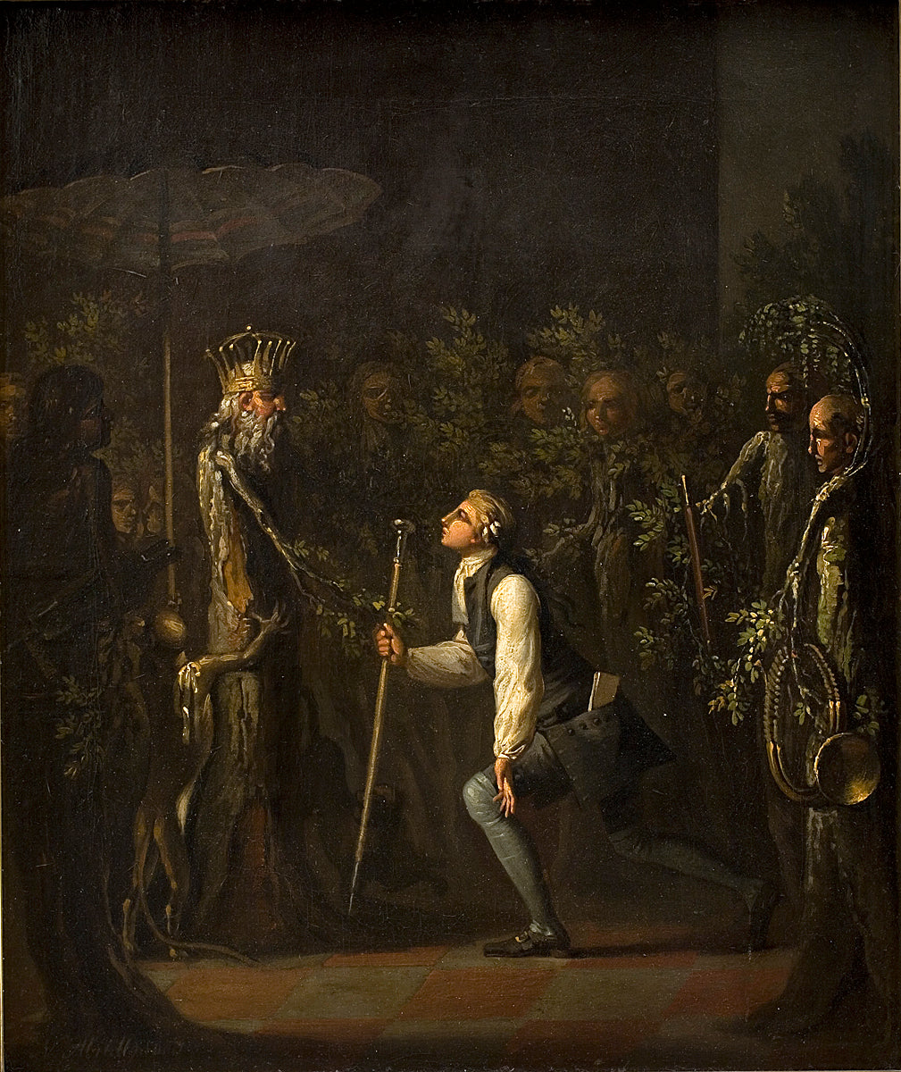 The Potuans are Surprised to See Niels Klim Kneel in Frnt of the Wise Prince, vintage artwork by Nicolai Abraham Abildgaard, 12x8" (A4) Poster